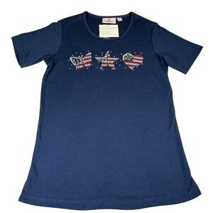 Quacker Factory‎ USA Flag Rhinestone T Shirt Womens XXS Patriotic NWT